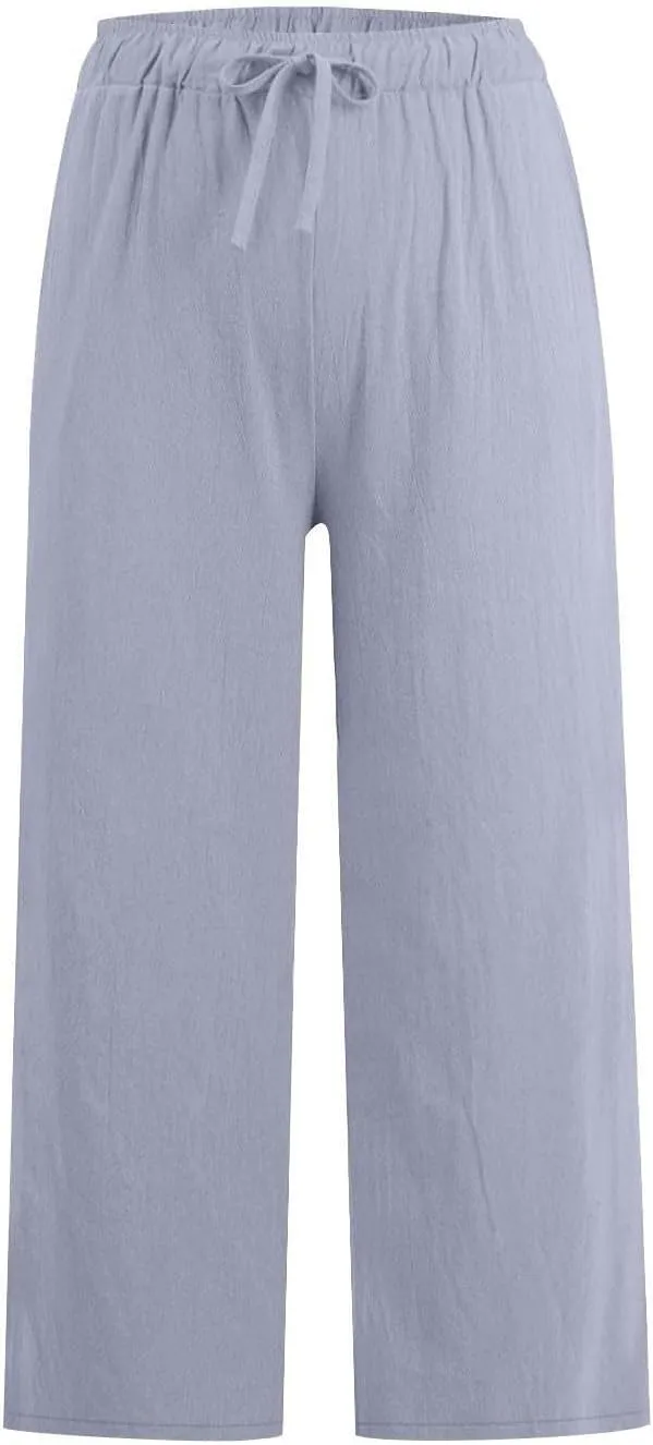 Linen Pants Women Summer Casual Wed Leg Lounge Trousers Drawstring High Waist Cropped Capri Pants Boho Beach Outfits