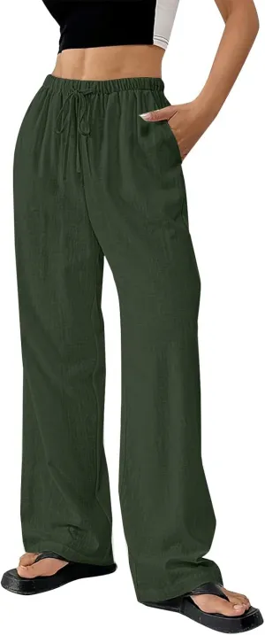 Linen Pants Women Summer Wide Leg High Waist Lounge Pant Plus Size Loose Casual Drawstring Beach Trousers with Pockets