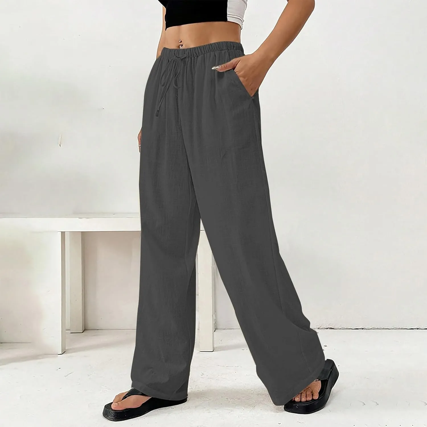 Linen Pants Women Summer Wide Leg High Waist Lounge Pant Plus Size Loose Casual Drawstring Beach Trousers with Pockets
