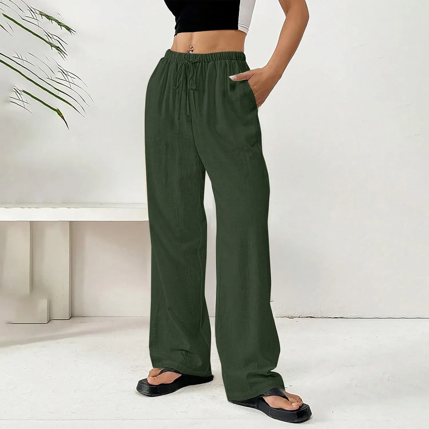 Linen Pants Women Summer Wide Leg High Waist Lounge Pant Plus Size Loose Casual Drawstring Beach Trousers with Pockets