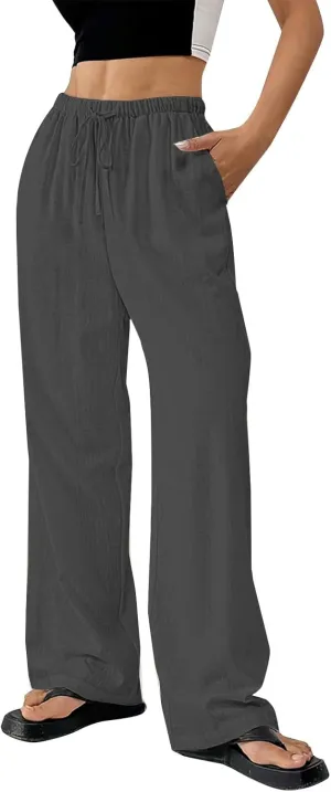 Linen Pants Women Summer Wide Leg High Waist Lounge Pant Plus Size Loose Casual Drawstring Beach Trousers with Pockets