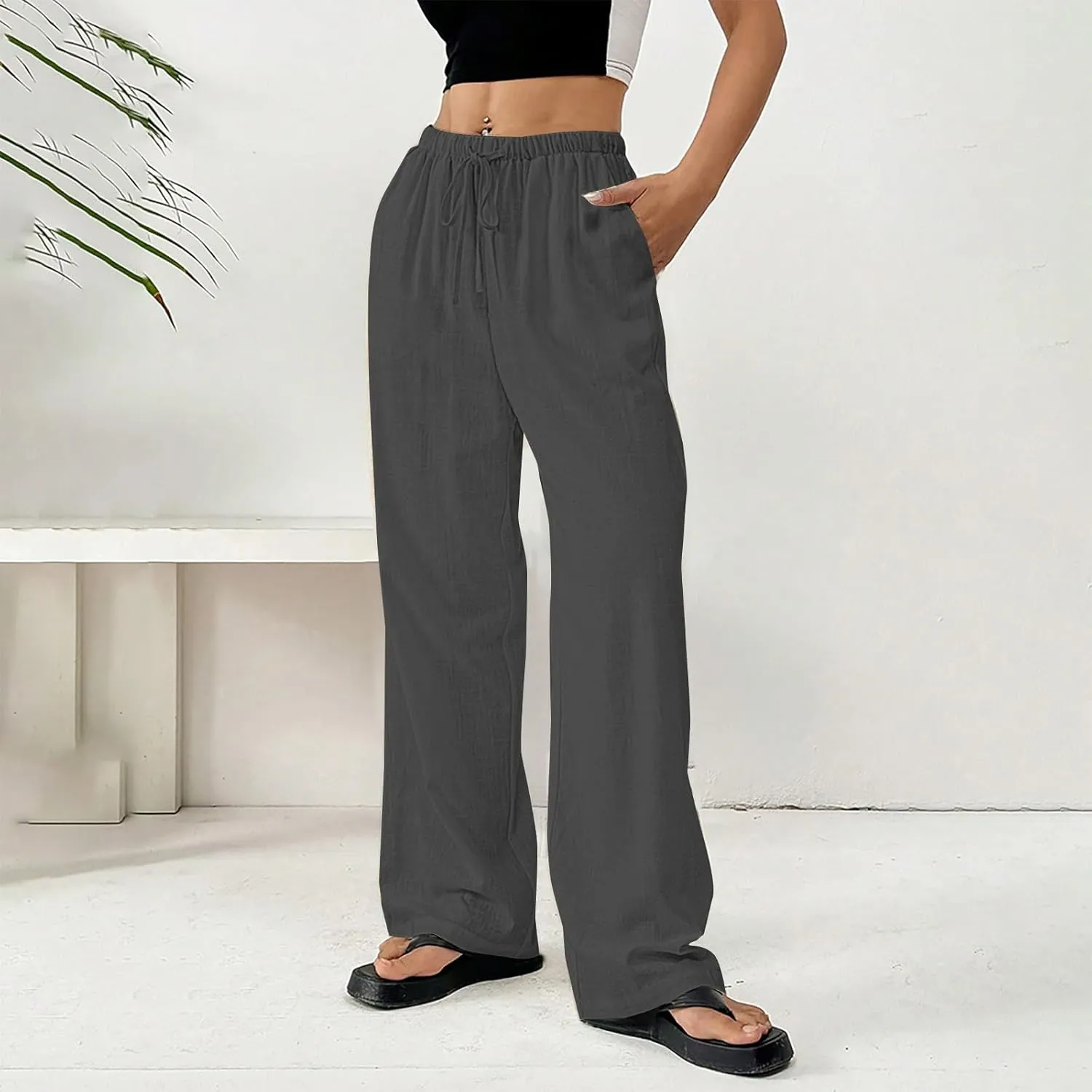 Linen Pants Women Summer Wide Leg High Waist Lounge Pant Plus Size Loose Casual Drawstring Beach Trousers with Pockets
