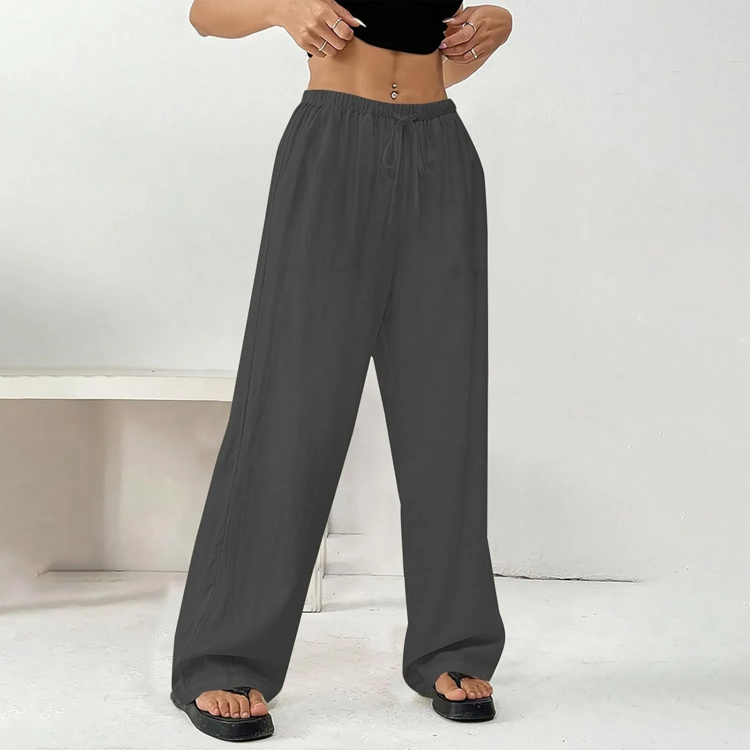Linen Pants Women Summer Wide Leg High Waist Lounge Pant Plus Size Loose Casual Drawstring Beach Trousers with Pockets