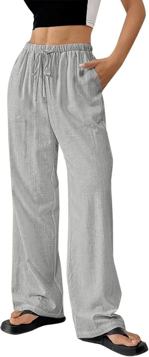 Linen Pants Women Summer Wide Leg High Waist Lounge Pant Plus Size Loose Casual Drawstring Beach Trousers with Pockets