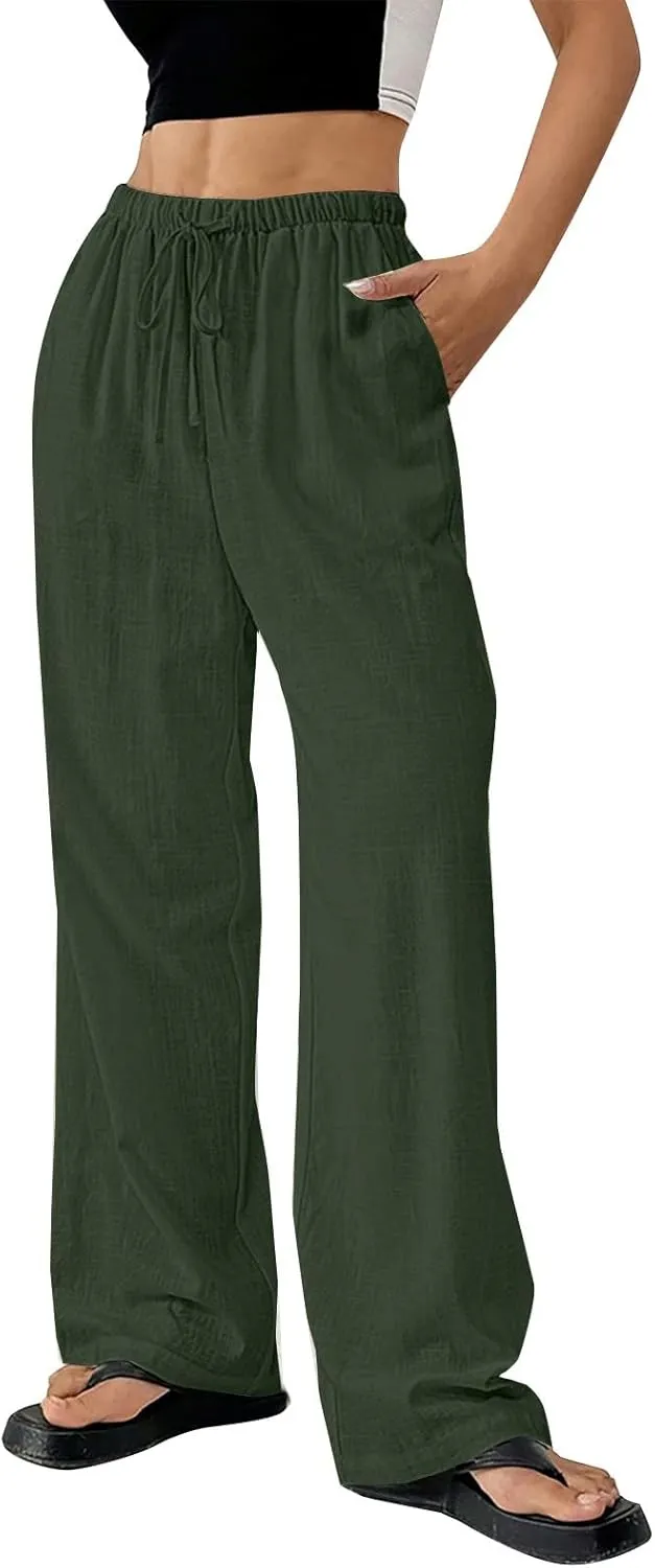 Linen Pants Women Summer Wide Leg High Waist Lounge Pant Plus Size Loose Casual Drawstring Beach Trousers with Pockets