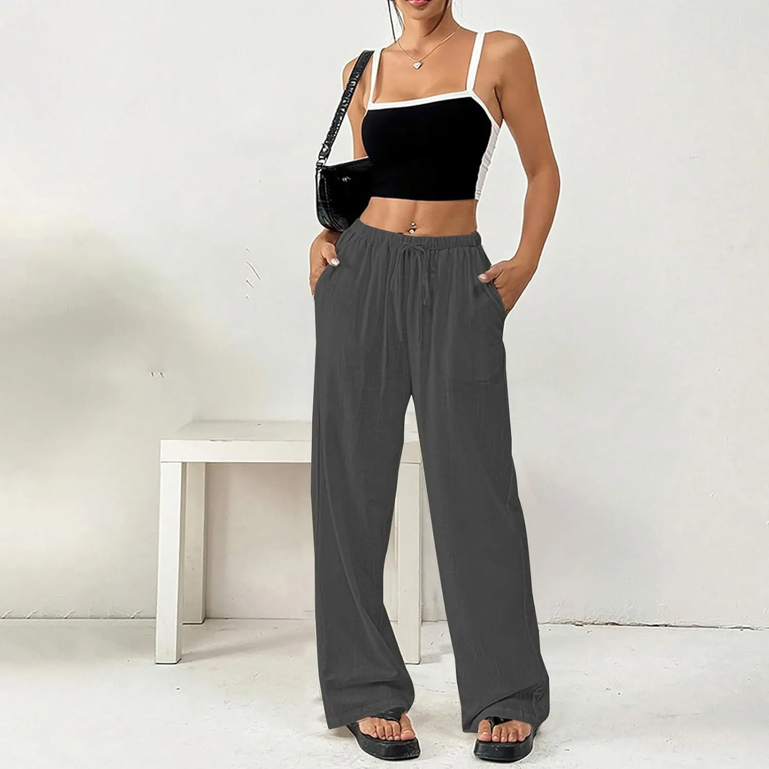 Linen Pants Women Summer Wide Leg High Waist Lounge Pant Plus Size Loose Casual Drawstring Beach Trousers with Pockets