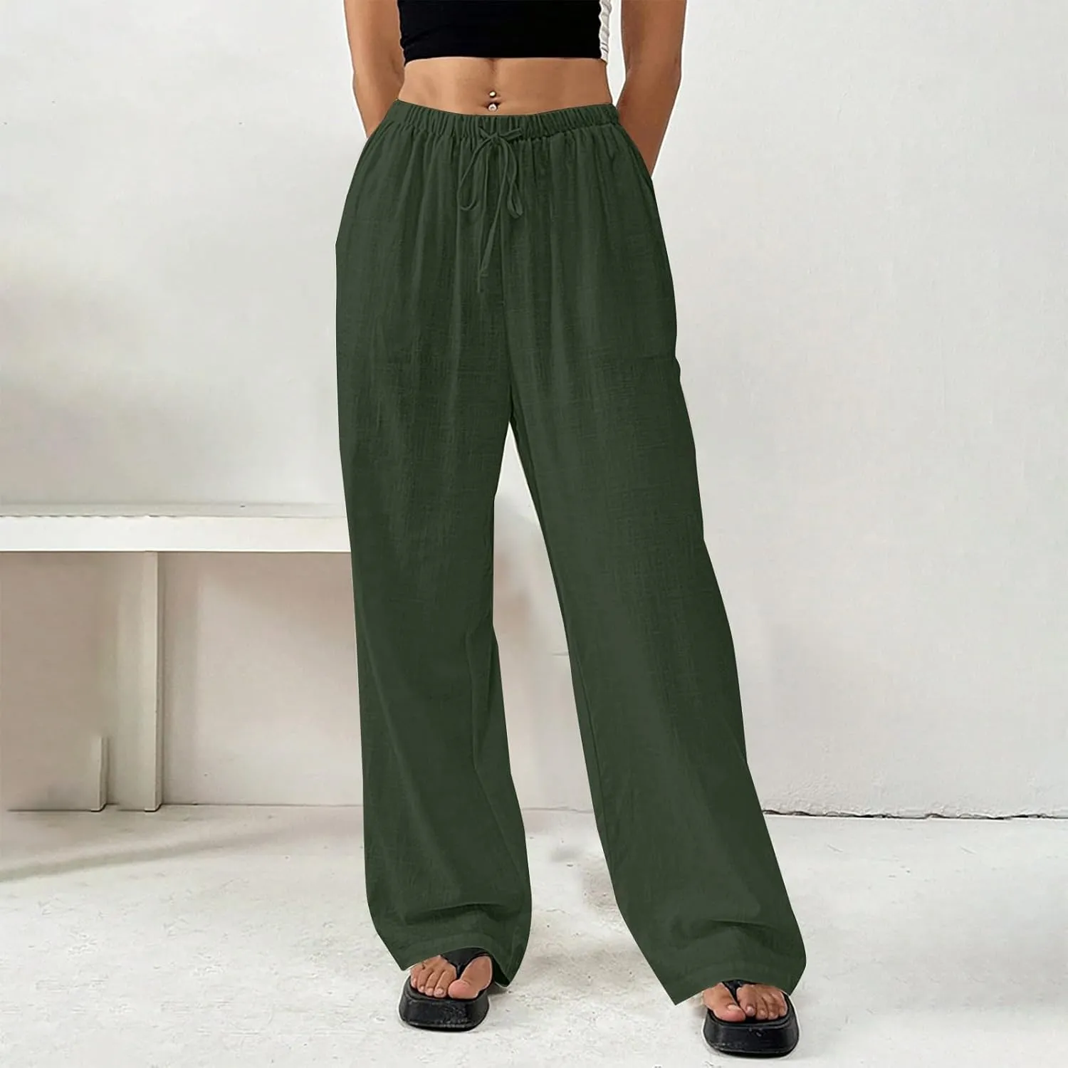 Linen Pants Women Summer Wide Leg High Waist Lounge Pant Plus Size Loose Casual Drawstring Beach Trousers with Pockets