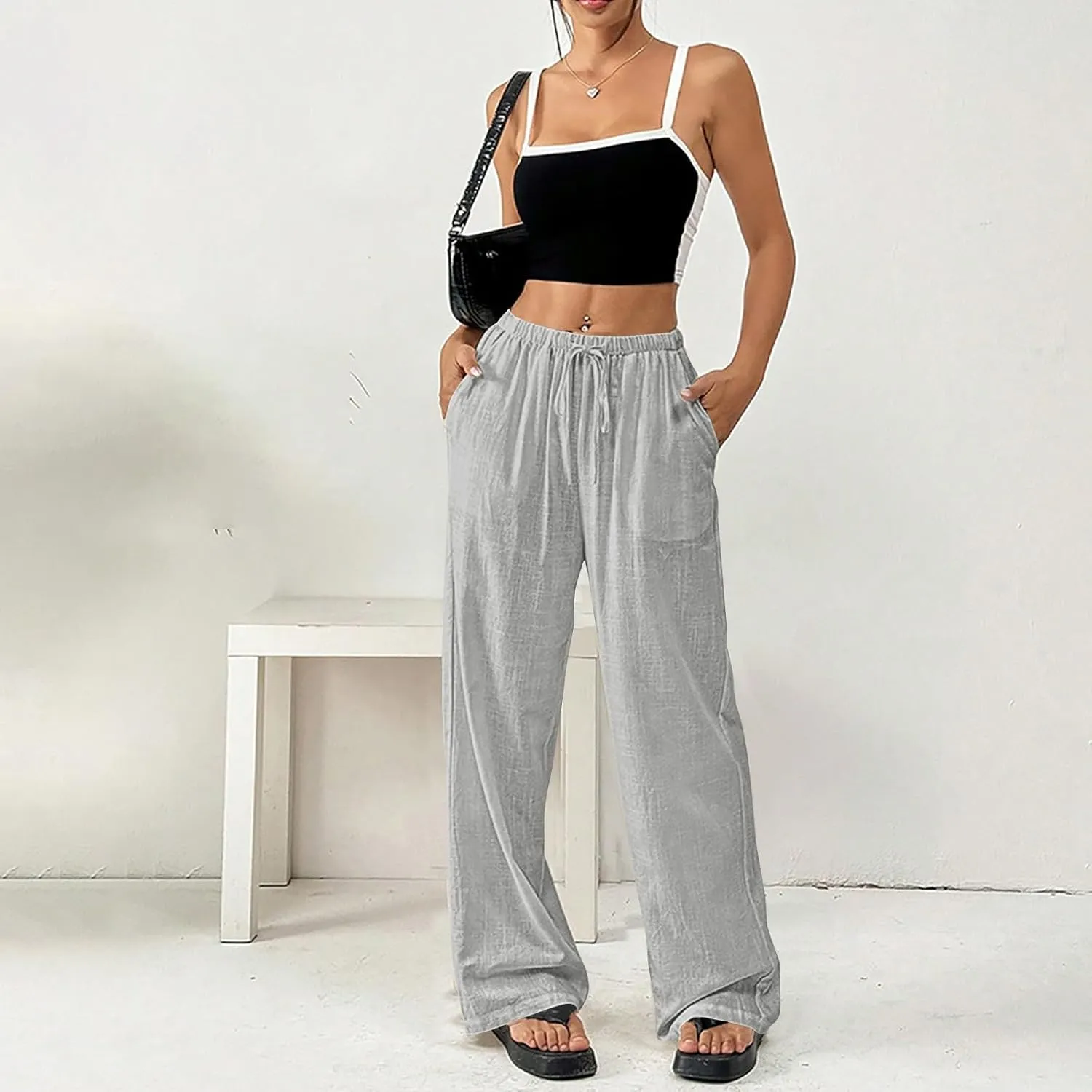 Linen Pants Women Summer Wide Leg High Waist Lounge Pant Plus Size Loose Casual Drawstring Beach Trousers with Pockets