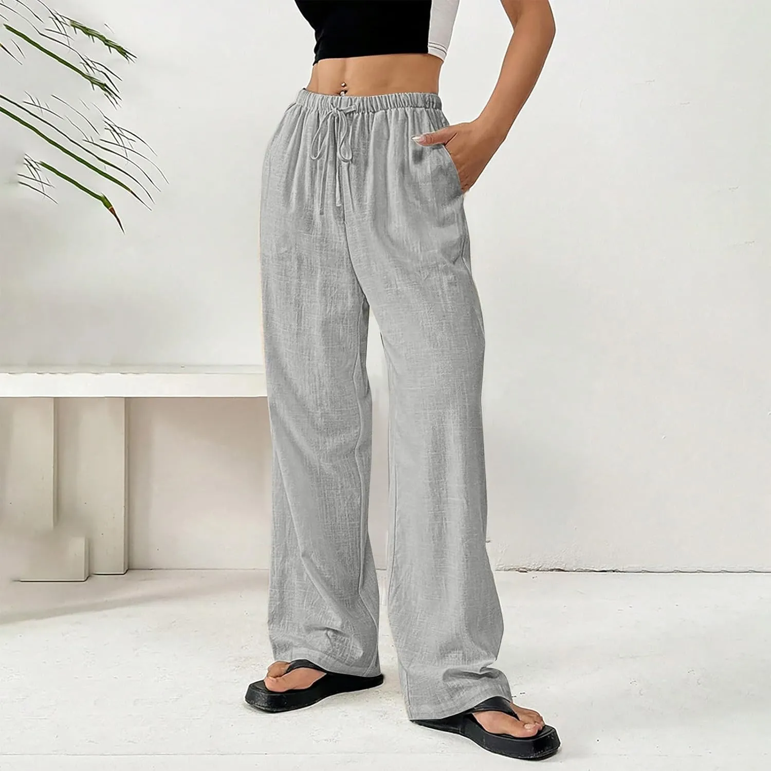 Linen Pants Women Summer Wide Leg High Waist Lounge Pant Plus Size Loose Casual Drawstring Beach Trousers with Pockets