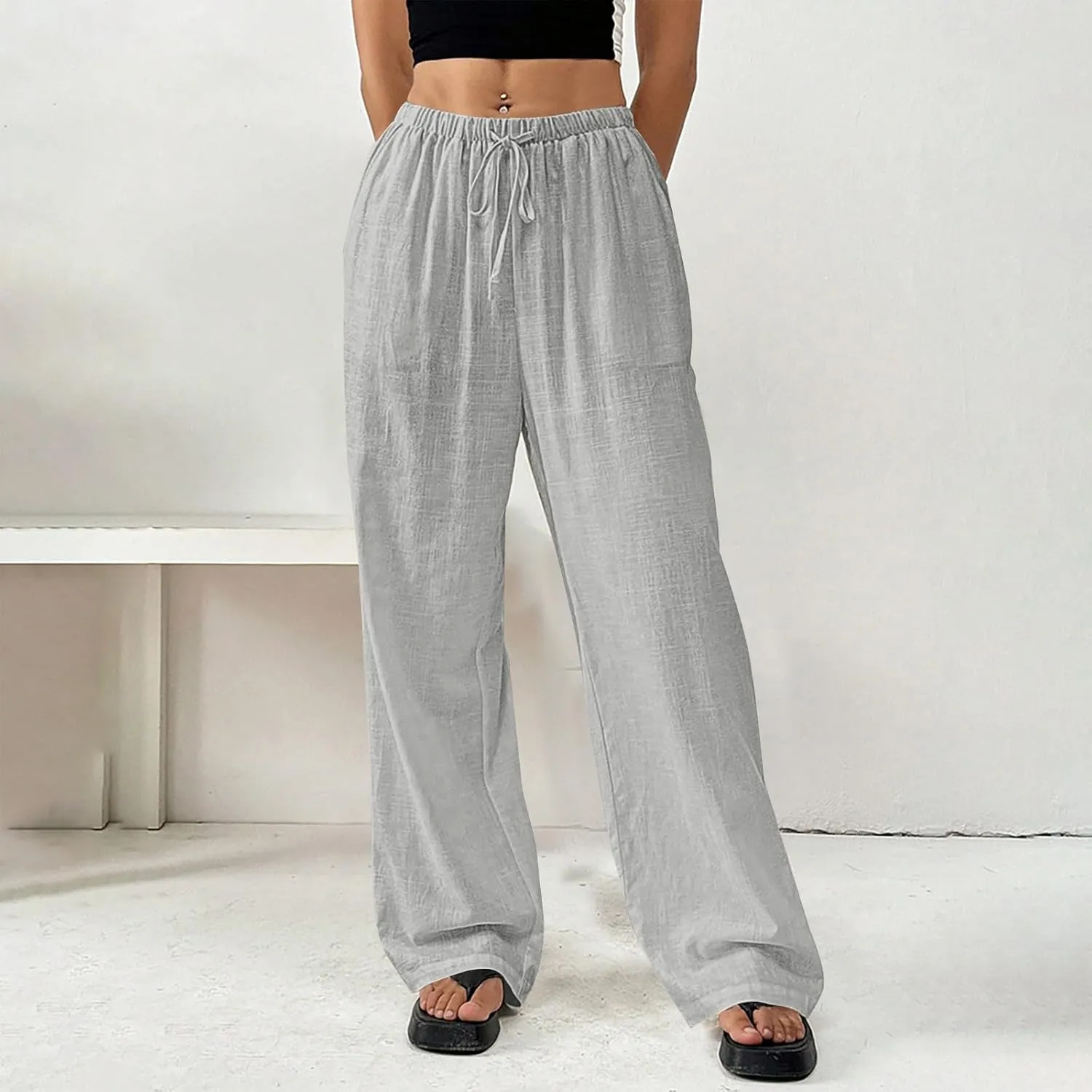 Linen Pants Women Summer Wide Leg High Waist Lounge Pant Plus Size Loose Casual Drawstring Beach Trousers with Pockets