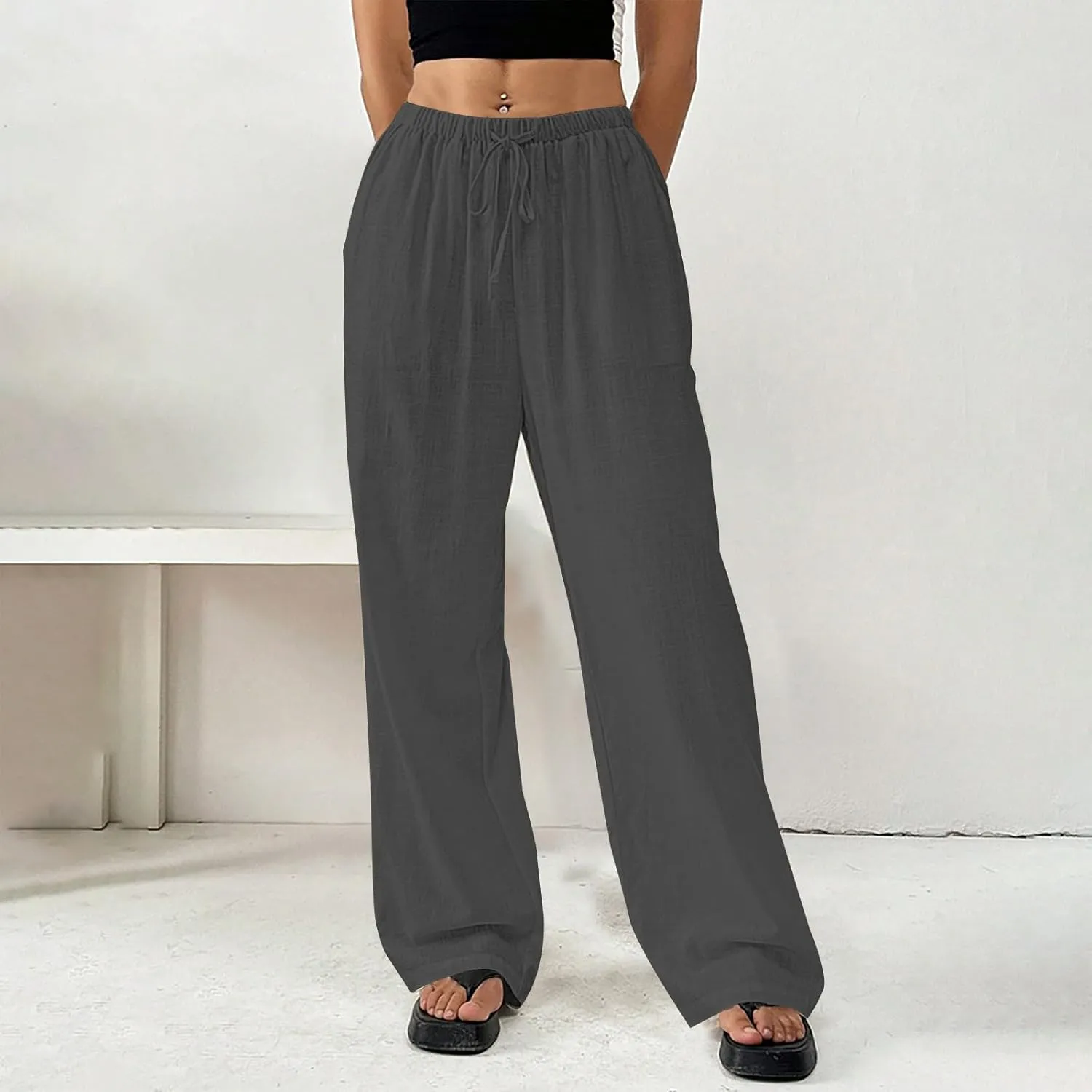 Linen Pants Women Summer Wide Leg High Waist Lounge Pant Plus Size Loose Casual Drawstring Beach Trousers with Pockets