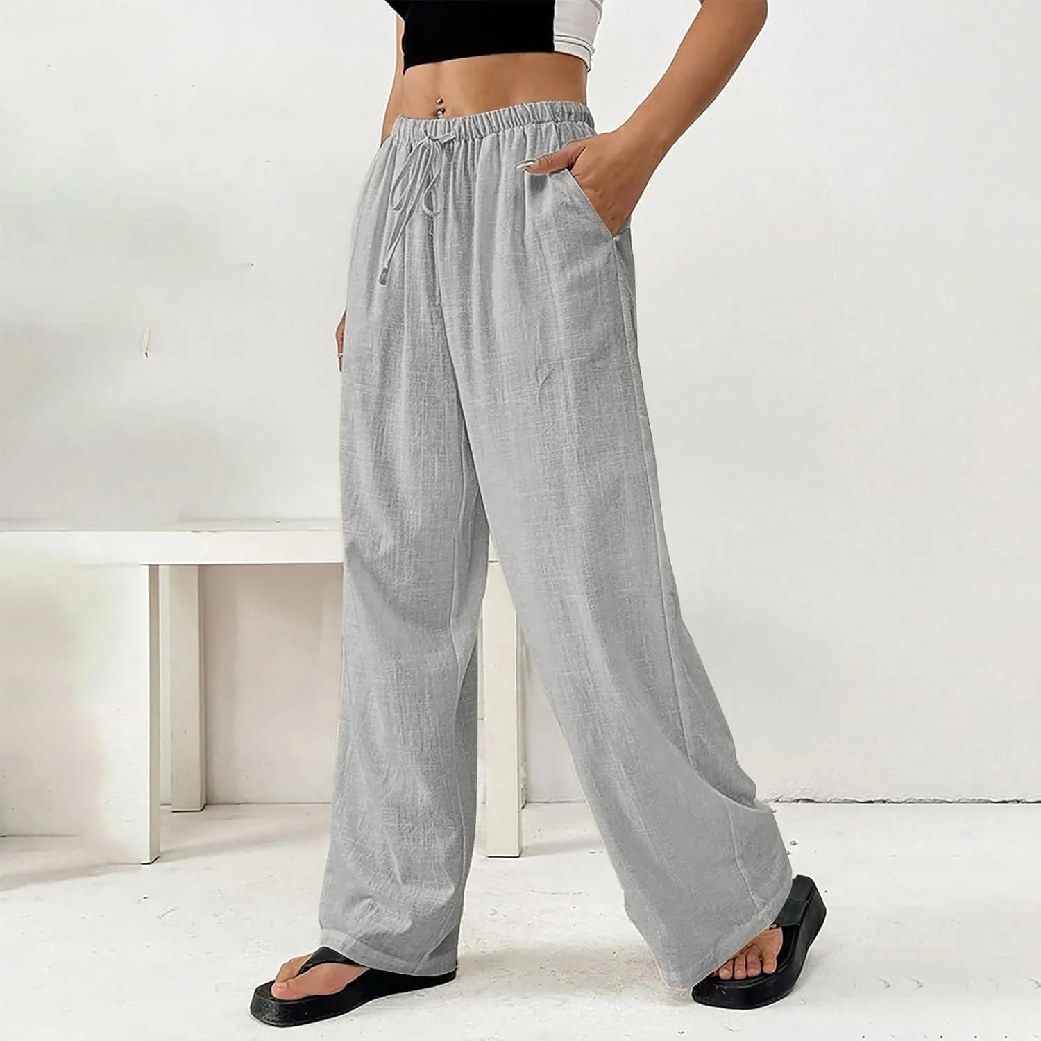 Linen Pants Women Summer Wide Leg High Waist Lounge Pant Plus Size Loose Casual Drawstring Beach Trousers with Pockets
