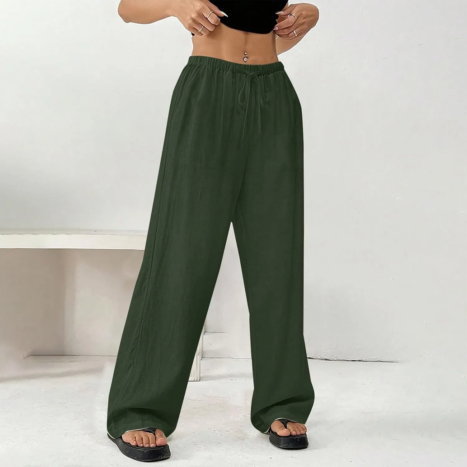 Linen Pants Women Summer Wide Leg High Waist Lounge Pant Plus Size Loose Casual Drawstring Beach Trousers with Pockets