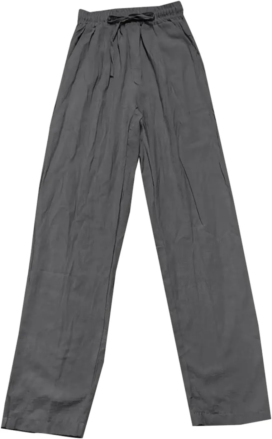 Linen Pants Women Summer Wide Leg High Waist Lounge Pant Plus Size Loose Casual Drawstring Beach Trousers with Pockets