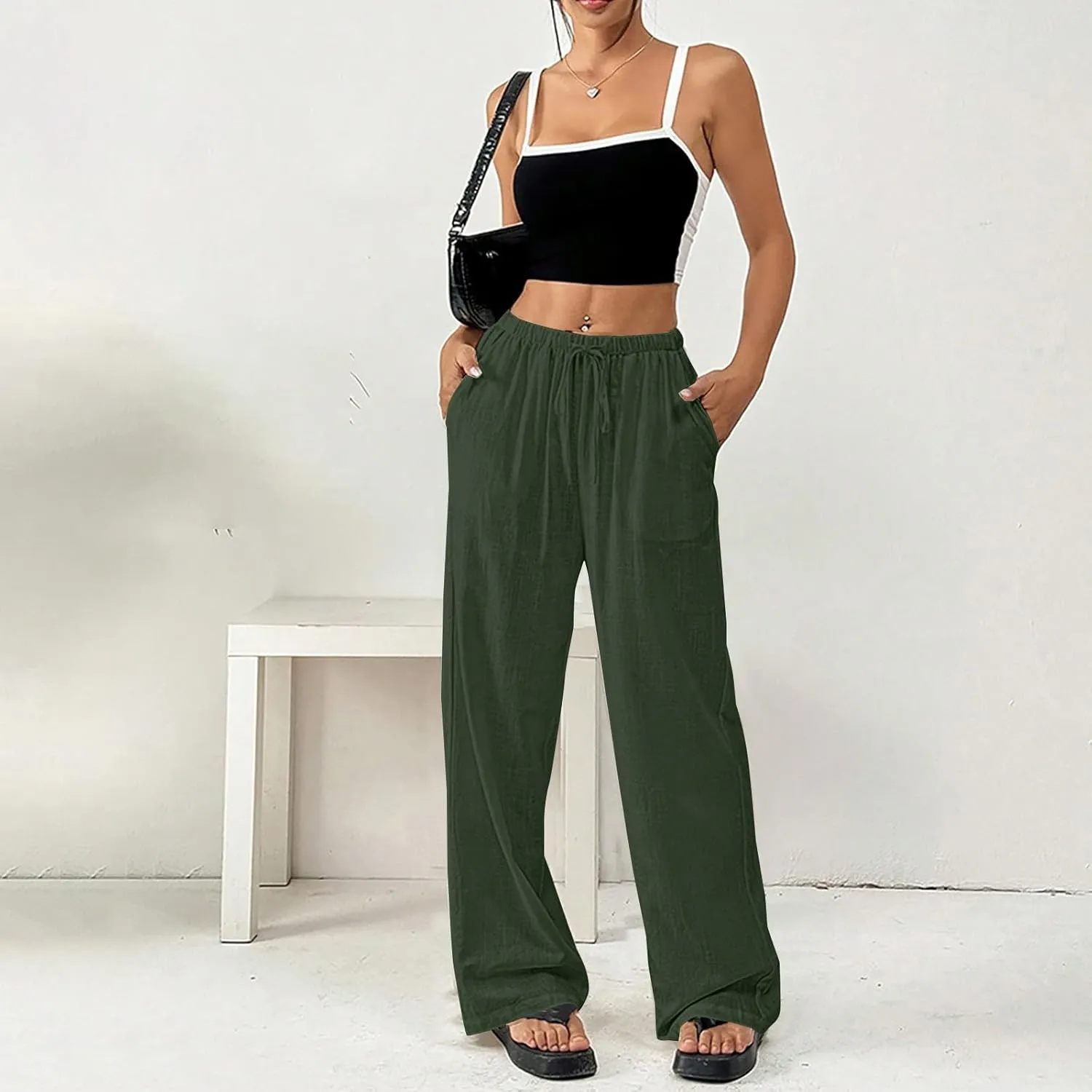 Linen Pants Women Summer Wide Leg High Waist Lounge Pant Plus Size Loose Casual Drawstring Beach Trousers with Pockets