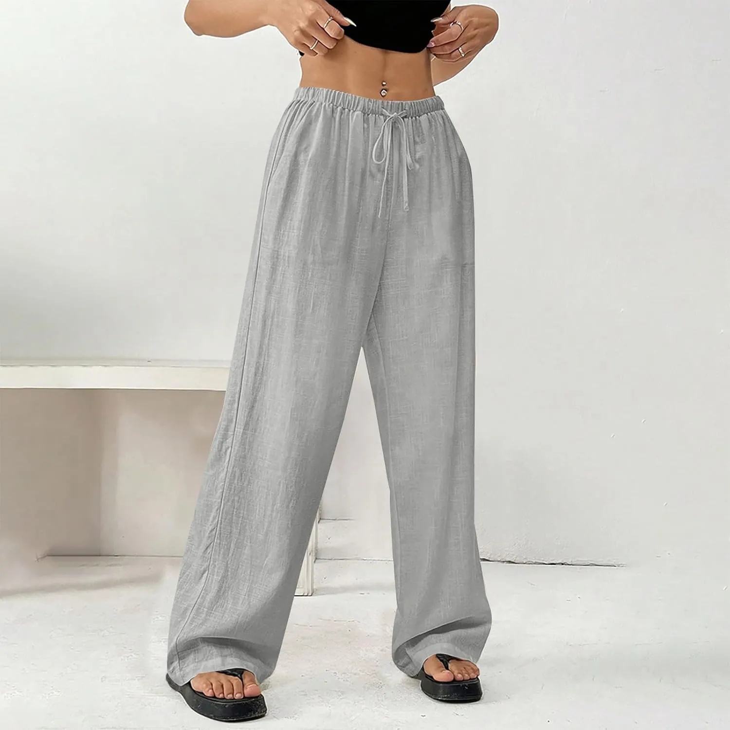 Linen Pants Women Summer Wide Leg High Waist Lounge Pant Plus Size Loose Casual Drawstring Beach Trousers with Pockets