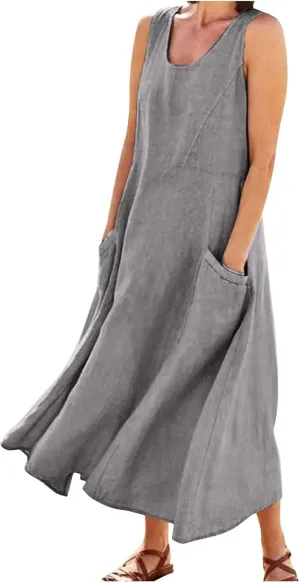 Linen Summer Dresses for Women 2025 Plus Size Maxi Flowy Sleeveless Sun Dress Beach Boho Casual Sundresses with Pockets