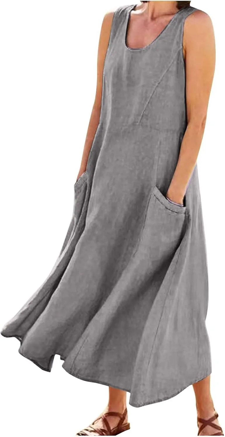 Linen Summer Dresses for Women 2025 Plus Size Maxi Flowy Sleeveless Sun Dress Beach Boho Casual Sundresses with Pockets