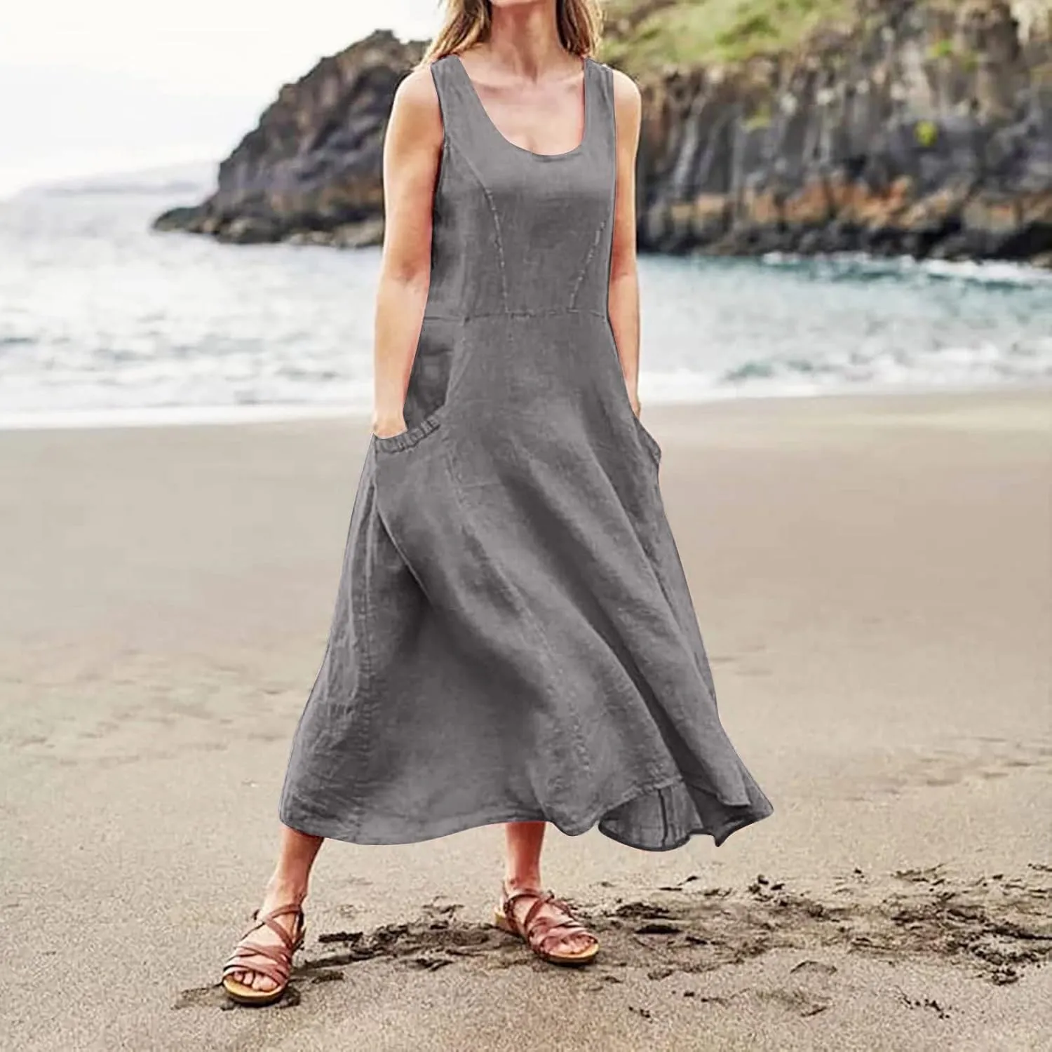 Linen Summer Dresses for Women 2025 Plus Size Maxi Flowy Sleeveless Sun Dress Beach Boho Casual Sundresses with Pockets