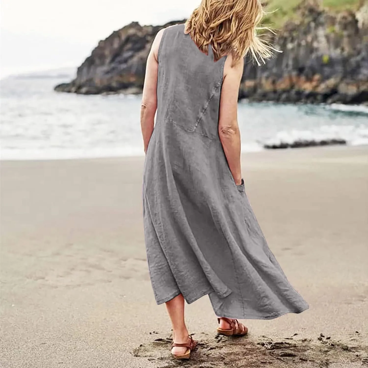 Linen Summer Dresses for Women 2025 Plus Size Maxi Flowy Sleeveless Sun Dress Beach Boho Casual Sundresses with Pockets