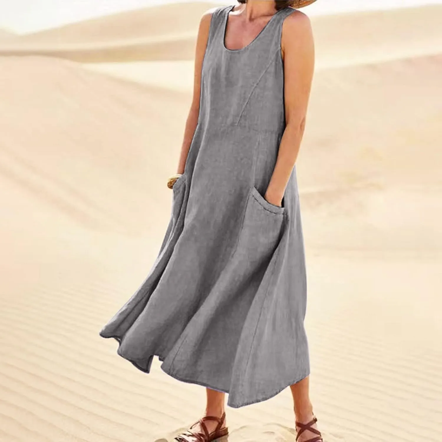 Linen Summer Dresses for Women 2025 Plus Size Maxi Flowy Sleeveless Sun Dress Beach Boho Casual Sundresses with Pockets