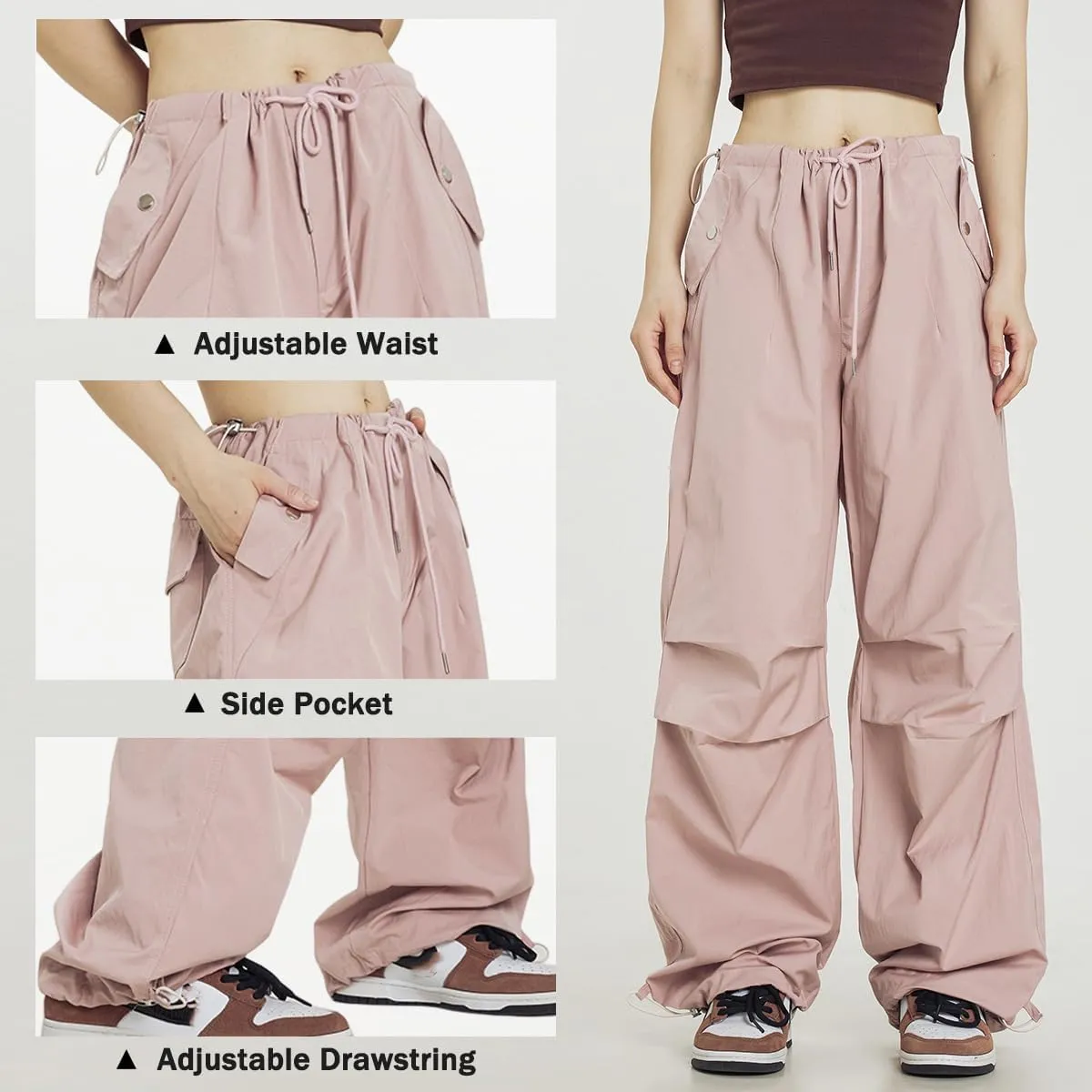 Linsennia Womens Cargo Pants High Waisted Y2k Baggy Parachute Hiking Pants Waterproof Wide Leg Adjustable Teens Lightweight