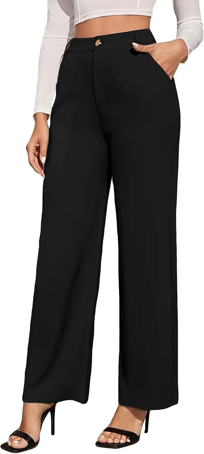 LKOUS Dress Pants Women Wide Leg,High Waist Business Casual Straight Leg Trousers with Pockets