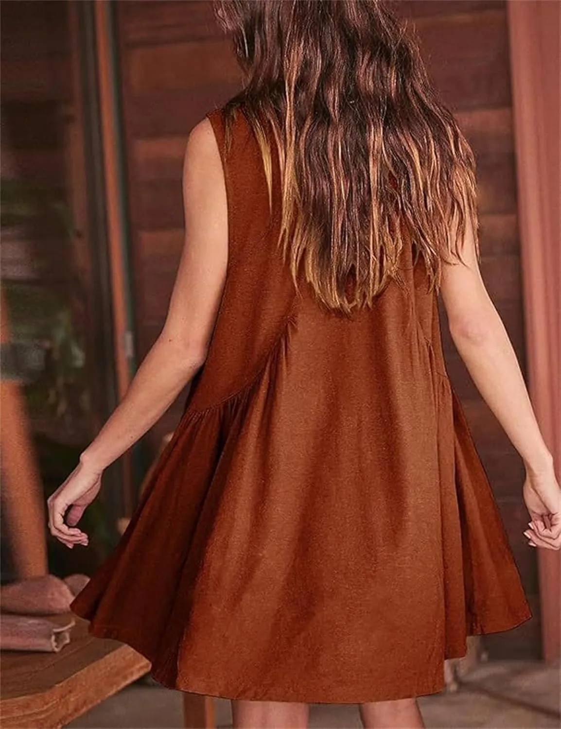 LOFAAC Women 2024 Summer V Neck Sleeveless Mini Dress Casual Loose Pleated Flowy Sundress 90s Beach Tank Dress with Pockets