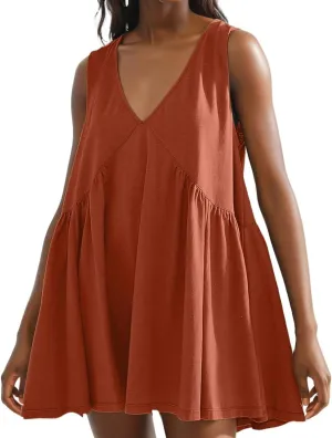 LOFAAC Women 2024 Summer V Neck Sleeveless Mini Dress Casual Loose Pleated Flowy Sundress 90s Beach Tank Dress with Pockets