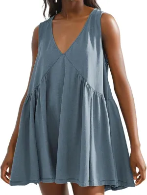 LOFAAC Women 2024 Summer V Neck Sleeveless Mini Dress Casual Loose Pleated Flowy Sundress 90s Beach Tank Dress with Pockets