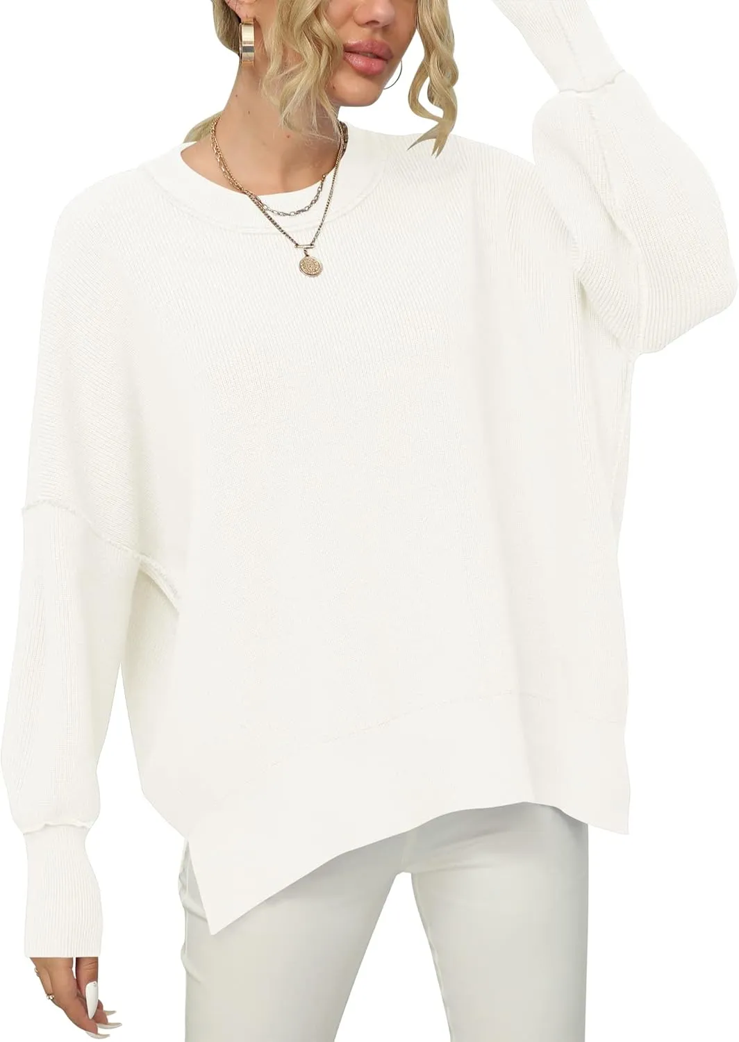 LOGENE Women's Oversized Batwing Long Sleeve Crewneck Side Slit Ribbed Knit Pullover Sweater Tops