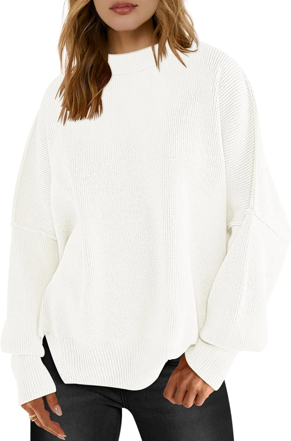 LOGENE Women's Oversized Batwing Long Sleeve Crewneck Side Slit Ribbed Knit Pullover Sweater Tops