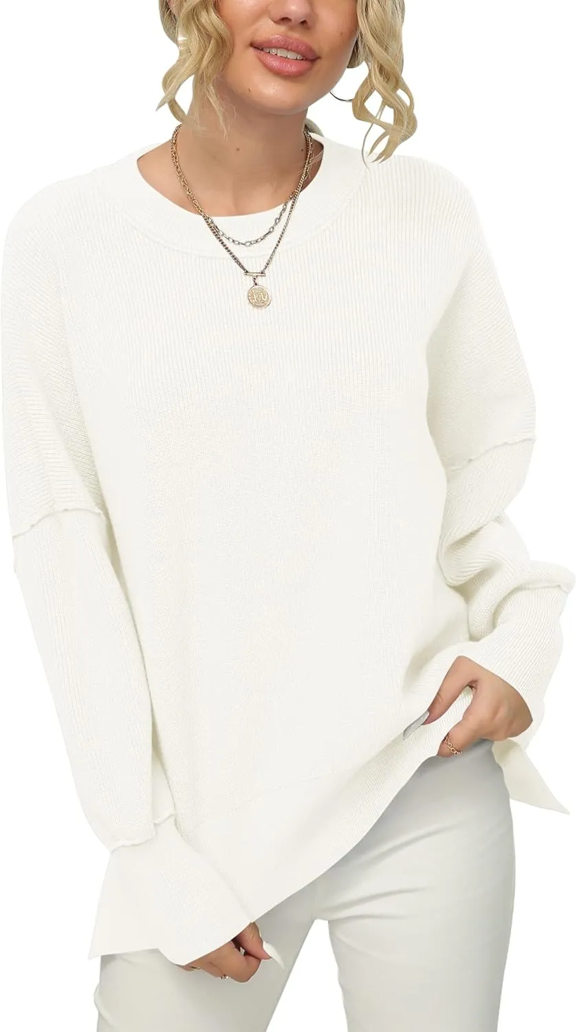 LOGENE Women's Oversized Batwing Long Sleeve Crewneck Side Slit Ribbed Knit Pullover Sweater Tops