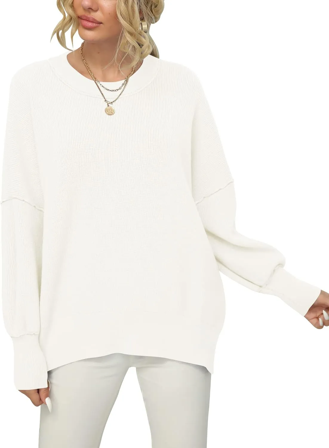 LOGENE Women's Oversized Batwing Long Sleeve Crewneck Side Slit Ribbed Knit Pullover Sweater Tops