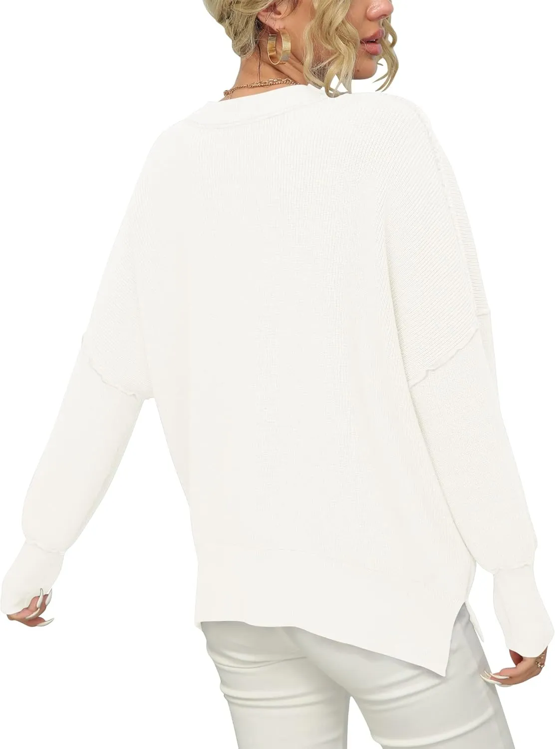 LOGENE Women's Oversized Batwing Long Sleeve Crewneck Side Slit Ribbed Knit Pullover Sweater Tops