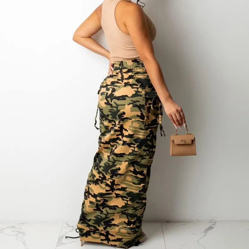 LROSEY Women's Camo Midi Skirt Dress Side String Ruffle Bodycon Skirts