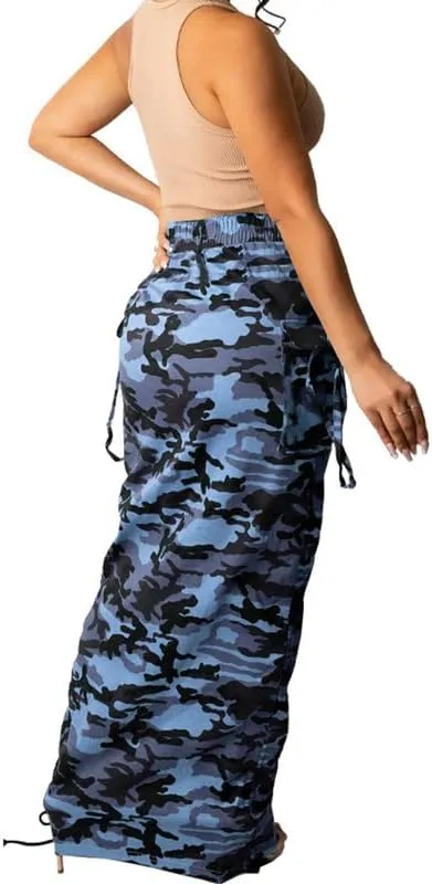 LROSEY Women's Camo Midi Skirt Dress Side String Ruffle Bodycon Skirts