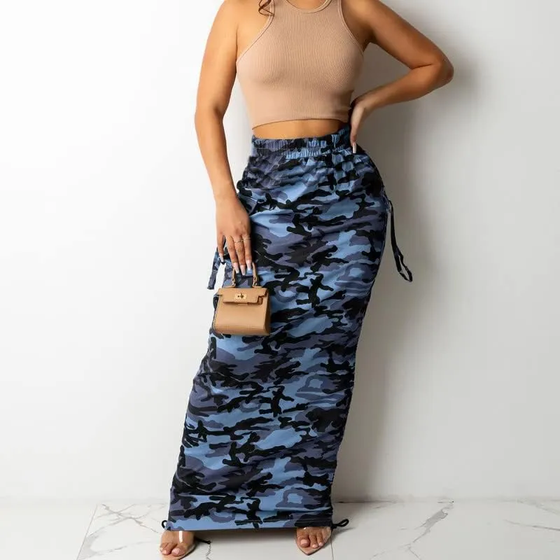 LROSEY Women's Camo Midi Skirt Dress Side String Ruffle Bodycon Skirts