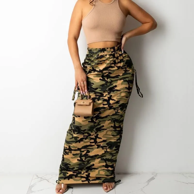 LROSEY Women's Camo Midi Skirt Dress Side String Ruffle Bodycon Skirts