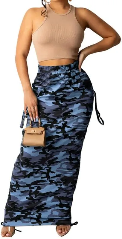 LROSEY Women's Camo Midi Skirt Dress Side String Ruffle Bodycon Skirts