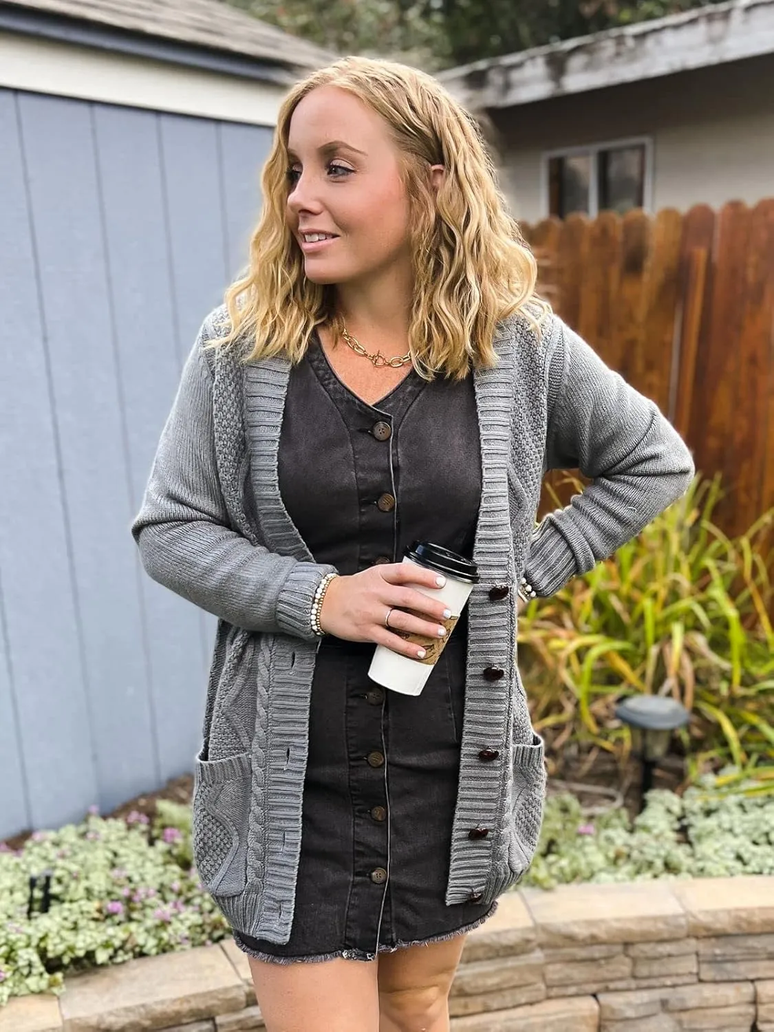 luvamia Womens Long Sleeve Open Front Buttons Cable Knit Pocket Sweater Cardigan