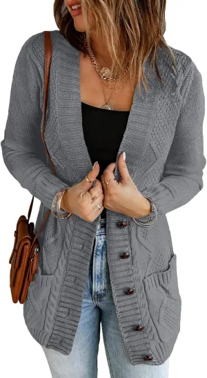 luvamia Womens Long Sleeve Open Front Buttons Cable Knit Pocket Sweater Cardigan