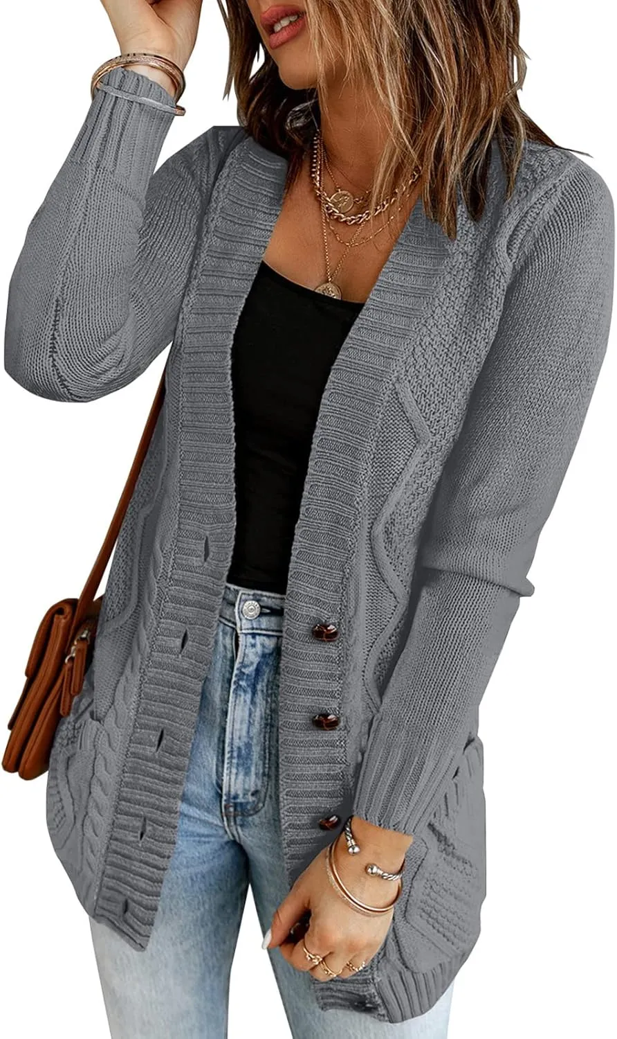 luvamia Womens Long Sleeve Open Front Buttons Cable Knit Pocket Sweater Cardigan