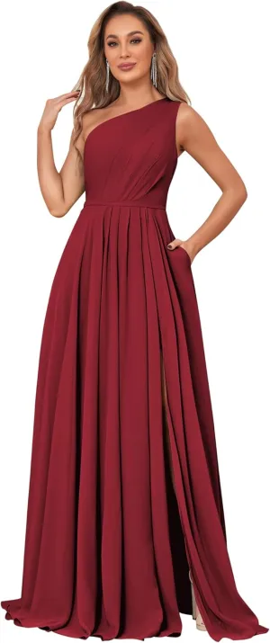 MAGGCIF One Shoulder Bridesmaid Dresses for Wedding with Pockets Chiffon A Line Long Formal Evening Party Gowns