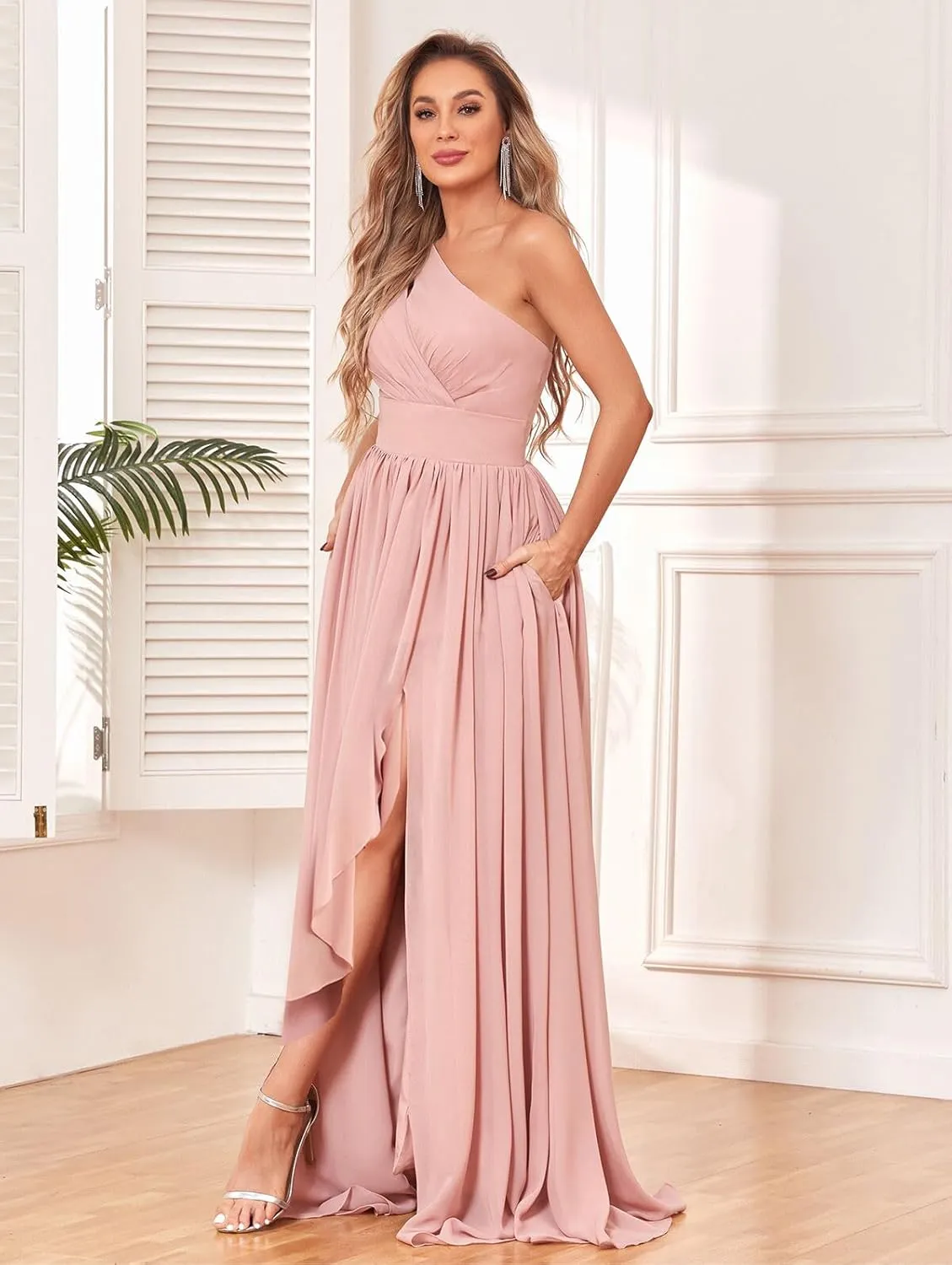 MAGGCIF One Shoulder Bridesmaid Dresses for Women with Pockets A Line Chiffon Ruffle High Low Formal Evening Gown