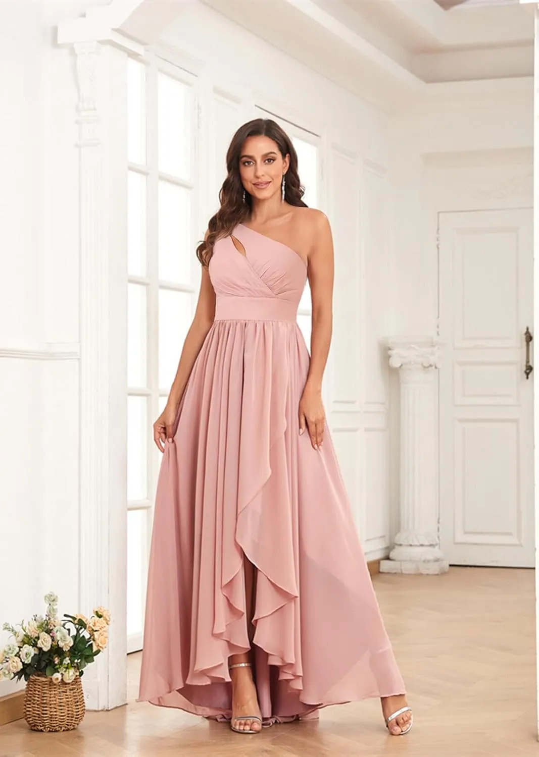 MAGGCIF One Shoulder Bridesmaid Dresses for Women with Pockets A Line Chiffon Ruffle High Low Formal Evening Gown