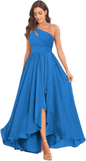 MAGGCIF One Shoulder Bridesmaid Dresses for Women with Pockets A Line Chiffon Ruffle High Low Formal Evening Gown