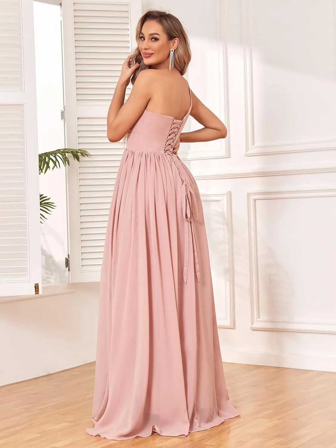MAGGCIF One Shoulder Bridesmaid Dresses for Women with Pockets A Line Chiffon Ruffle High Low Formal Evening Gown