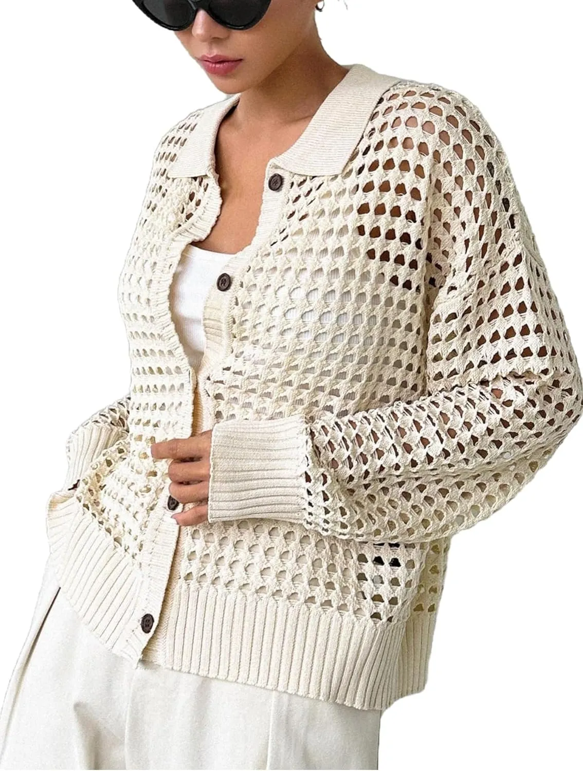 MakeMeChic Women's Button Up Cardigan Sweaters Crochet Hollow Out Open Front Cardigan Tops