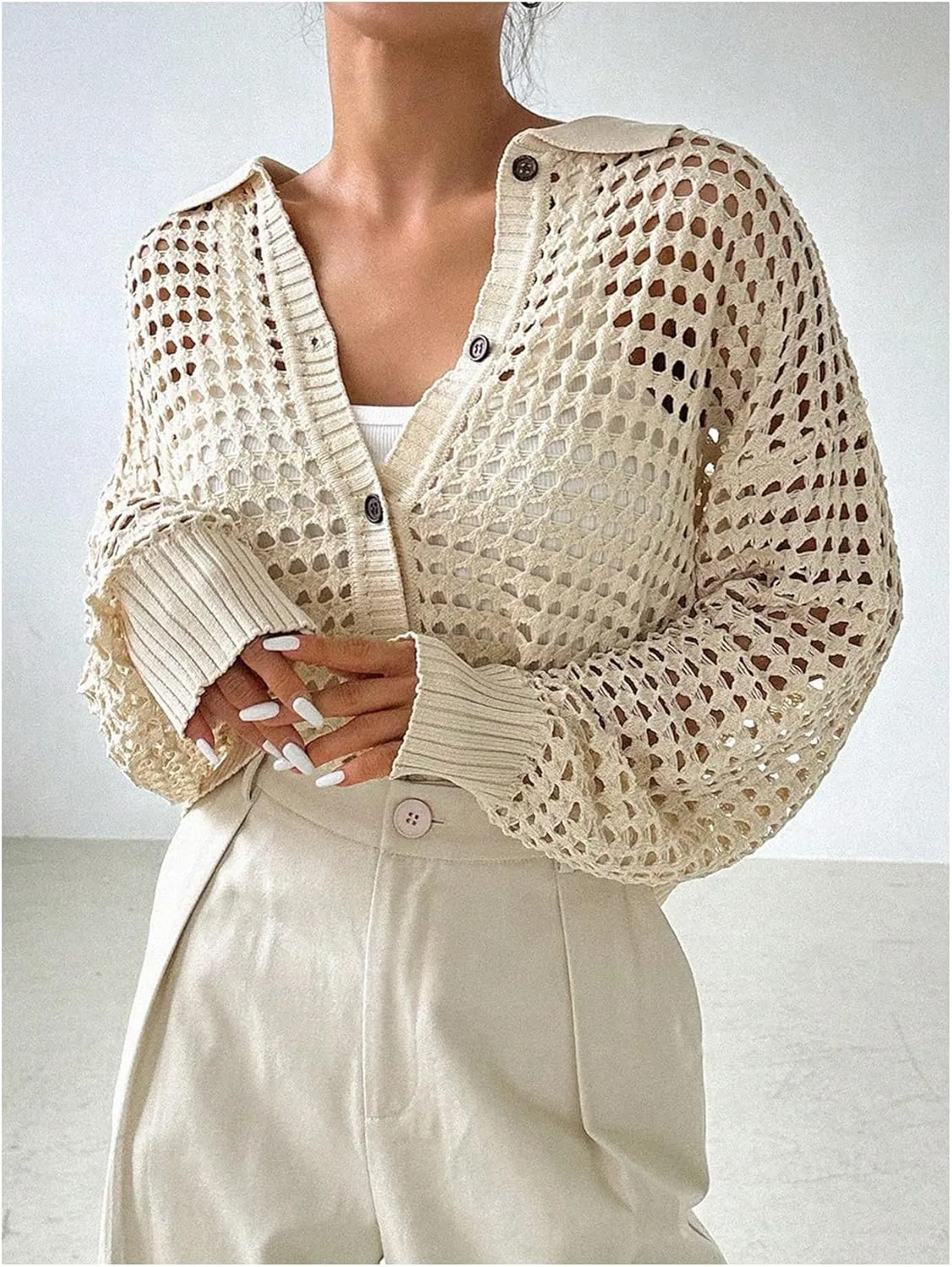 MakeMeChic Women's Button Up Cardigan Sweaters Crochet Hollow Out Open Front Cardigan Tops